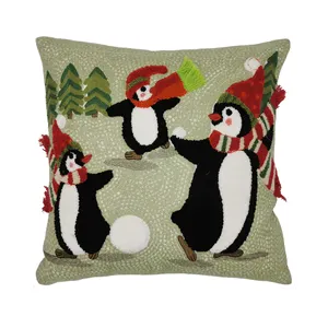 Vente en gros, broderie décorative, arbre de pingouin 3d, écharpe rouge, chapeau, frange verte, coussin, housses, oreillers de noël