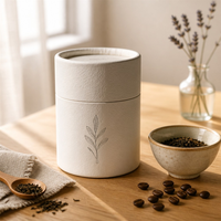 Boîte cylindrique en papier ivoire avec logo personnalisé, impression botanique texturée, emballage rigide rond pour thé, bougie, cosmétique, cadeau