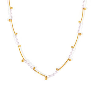 Collar de Acero Inoxidable Chapado en Oro de 18K con Perla y Cuentas Espaciadoras Talladas |   Diseño de Gargantilla Elegante - Product Image 1
