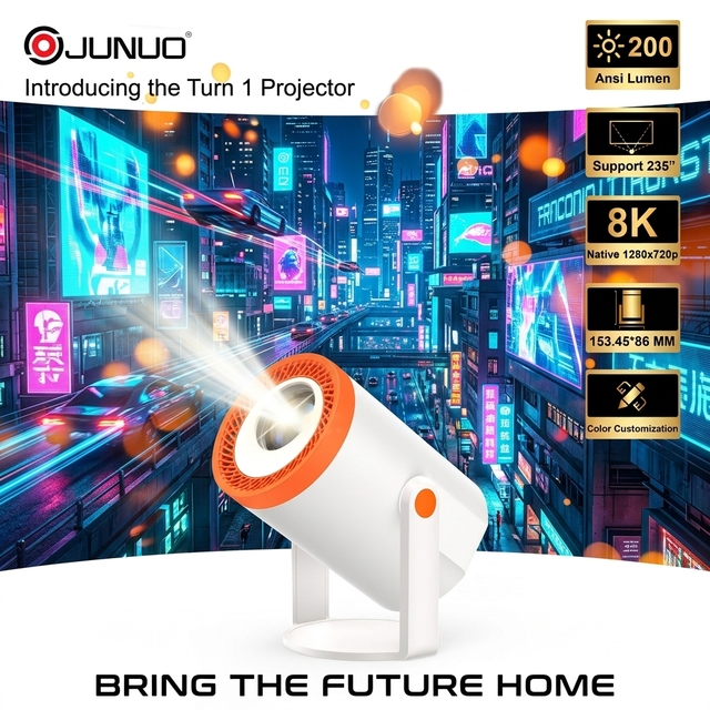JUNUO TURN1 Mini Portable Smart Projector Android 14 Dual-Band WiFi 6 8K Decoding Auto Focus 180 Rotation 200 Lumens for