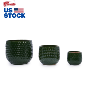 Ensemble de 3 pots de fleurs en céramique MDJ, vert foncé, glaçure brillante, ronds, pour l'intérieur et l'extérieur, style moderne minimaliste - Product Image 1