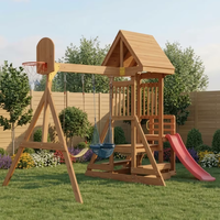 Grand ensemble de jeux d'extérieur en bois pour enfants, maison de jeu en bois avec toboggan et balançoire pour jardin et école maternelle