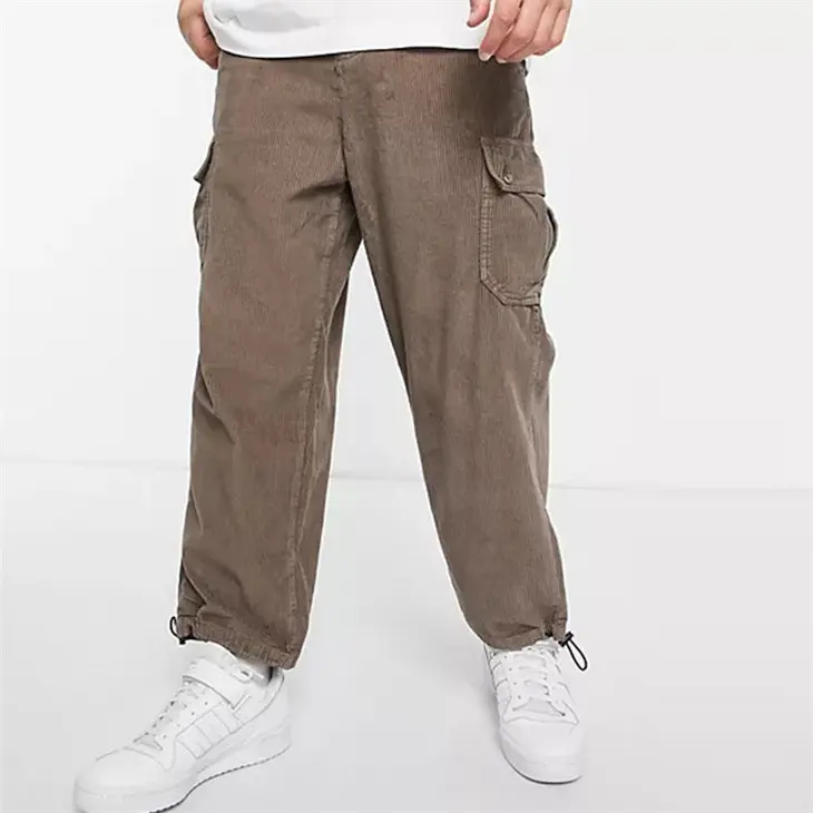 กางเกง Jogger สำหรับผู้ชาย,กางเกงนักวิ่งผ้าลูกฟูกสีน้ำตาลไซส์ใหญ่พิเศษมีกระเป๋าลากสินค้าหลายช่อง