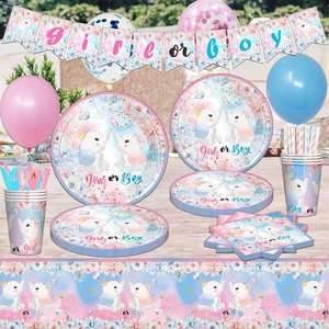 Tema di elefante rosa e <span class=keywords><strong>blu</strong></span> Banner per ragazza ragazzo piatto di carta tazza di carta e tovaglia Set per la festa di presentazione del bambino - Product Image 1