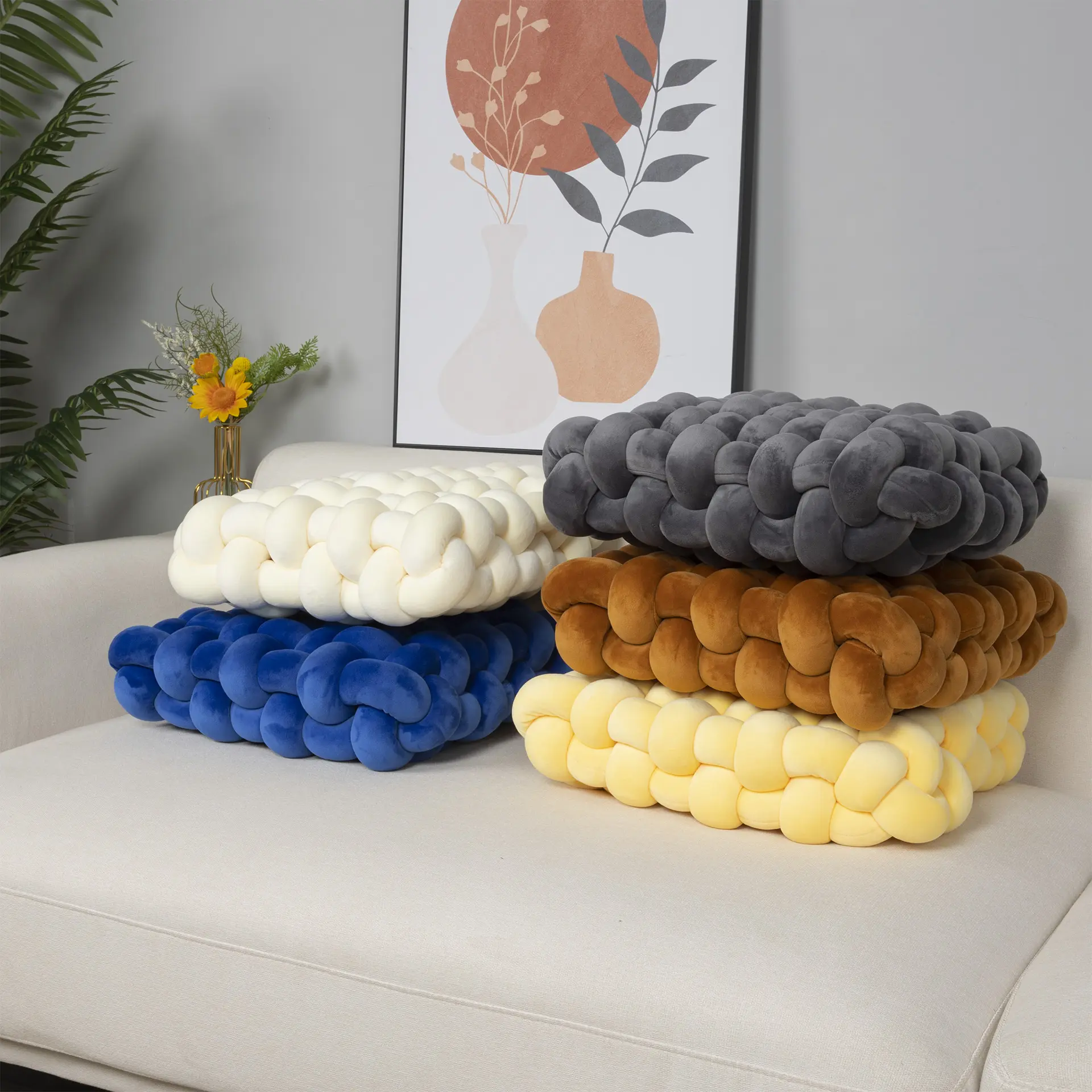 JQYC Coussin carré en laine tricotée tissé à la main pour canapé et chaise Coussin décoratif en laine tricotée pour la maison Coussin à nœud