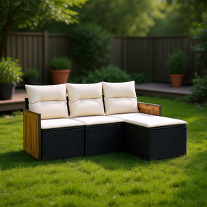 Black And Cream Garden <b>Sofa</b> <b>Set</b> With Cushions Outdoor Furniture UV Resistant PE Rattan Contemporary Design - Product Image 2