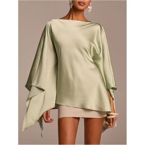 Women's <b>Satin</b> Poncho Top 3/4 Sleeve Boat Neck Asymmetrical Silk <b>Blouse</b> Party Wear - Product Image 4