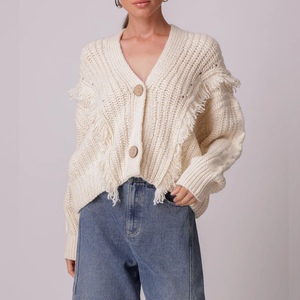 Maglione corto <span class=keywords><strong>con</strong></span> finiture <span class=keywords><strong>con</strong></span> <span class=keywords><strong>frange</strong></span> Beige lavorato a <span class=keywords><strong>maglia</strong></span> Cardigan <span class=keywords><strong>con</strong></span> bottoni e Design testurizzato per la moda Casual Boho - Product Image 2