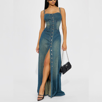 Robe longue en jean délavé teinté pour femme, style bustier boutonné, avec fente haute, Vêtements pour femme, Vente en gros, Vêtements rétro