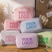 Sac de toilette en toile rayée avec logo brodé personnalisé Qetesh, grande capacité pour femmes, trousse de maquillage de voyage, étui de toilette personnalisé