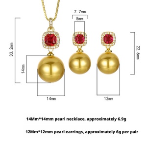 Venta al por mayor de fábrica: Nuevo set de joyería de pendientes y colgante de oro con perlas de concha dorada y circonita roja de cobre ecológico de 14-12 mm para novias - Product Image 2