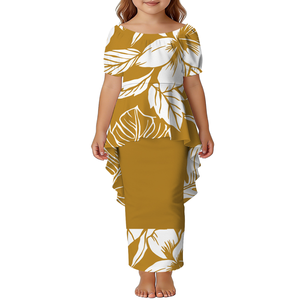 Robe Puletasi pour filles de style îles du Pacifique, design personnalisé, manches courtes bouffantes, col bateau, polyester, robe à queue de poisson, 2 pièces pour enfants - Product Image 1