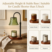 Lampe chauffe-bougie en verre vert style forêt, bras en métal noir mat réglable en hauteur, base en bois irrégulière en forme de nuage