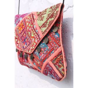 Bolso de mano indio Rajasthani hecho a mano con bordados, estilo casual Banjara, cierre abierto, cadenas, patchwork y espejos, para la noche. - Product Image 3