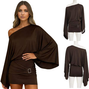 Nouvelle Tendance 2025 Robe Femme Style Urbain Sexy Col Bateau Silhouette Droite Robe de Soirée Manches Chauve-Souris Boutons Métalliques Teinte Unie - Product Image 1