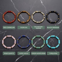 Bracelet extensible en perles tubulaires de pierres précieuses naturelles, avec disque d'hématite dorée, cornaline rouge, œil de tigre, jaspe dalmatien et obsidienne