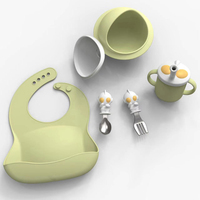 Juego de alimentación de silicona OEM para bebés, plato con ventosa de dinosaurios, tazón, cuchara, tenedor, 5 piezas, 0-12 meses, para niños pequeños, fácil de limpiar