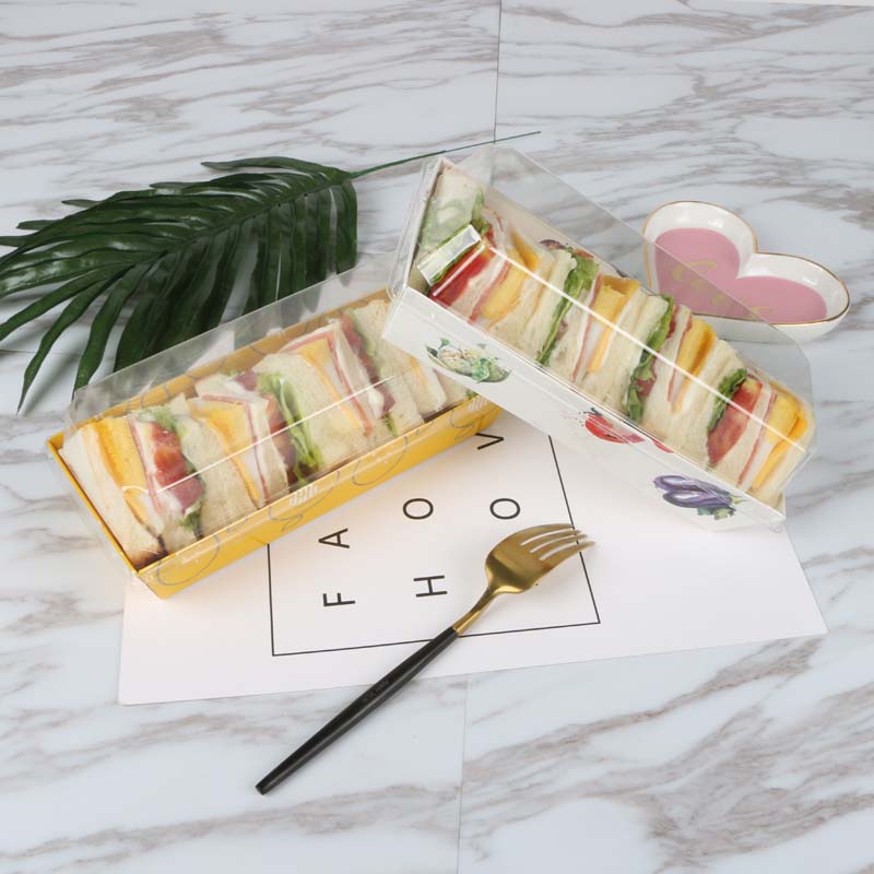 Custom Sandwich Hamburger Rectangle Square Bread Hot Dog Kraft Paper Food Packaging Disposable Cake Box With Clear Plastic Lid