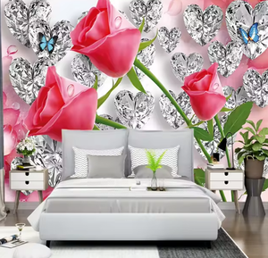 Carta da Parati 3D Romantica con Rose e Cuori <span class=keywords><strong>di</strong></span> Diamanti, Murale a Tema Amore per Decorazione d'Interni - Product Image 3