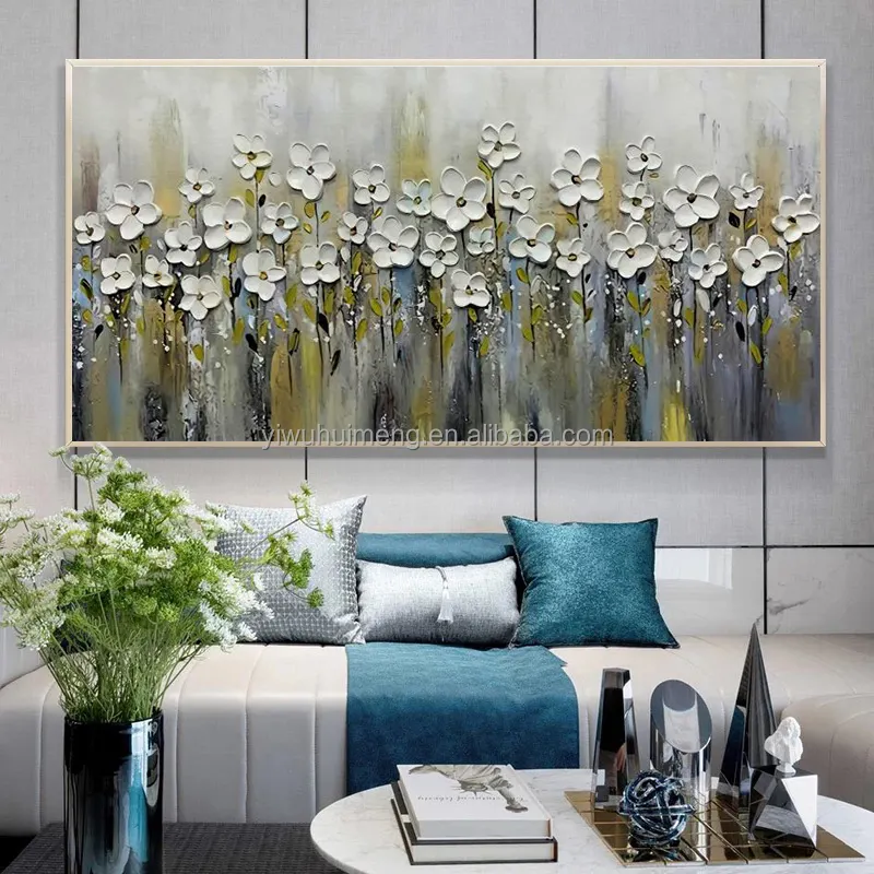 100% Hand Painted Canvas Abstract Floral Botanical Modern White FLowers abstract acrylic wall art oil painting flowers