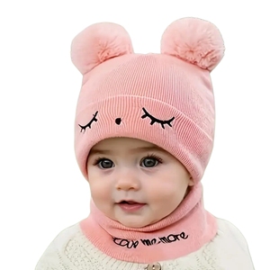 <span class=keywords><strong>Bonnet</strong></span> à <span class=keywords><strong>pompon</strong></span> chaud pour bébé garçon et fille, <span class=keywords><strong>bonnet</strong></span> tricoté pour nouveau-né mignon avec broderie de dessins animés, ensemble de chapeaux et d'écharpes - Product Image 1