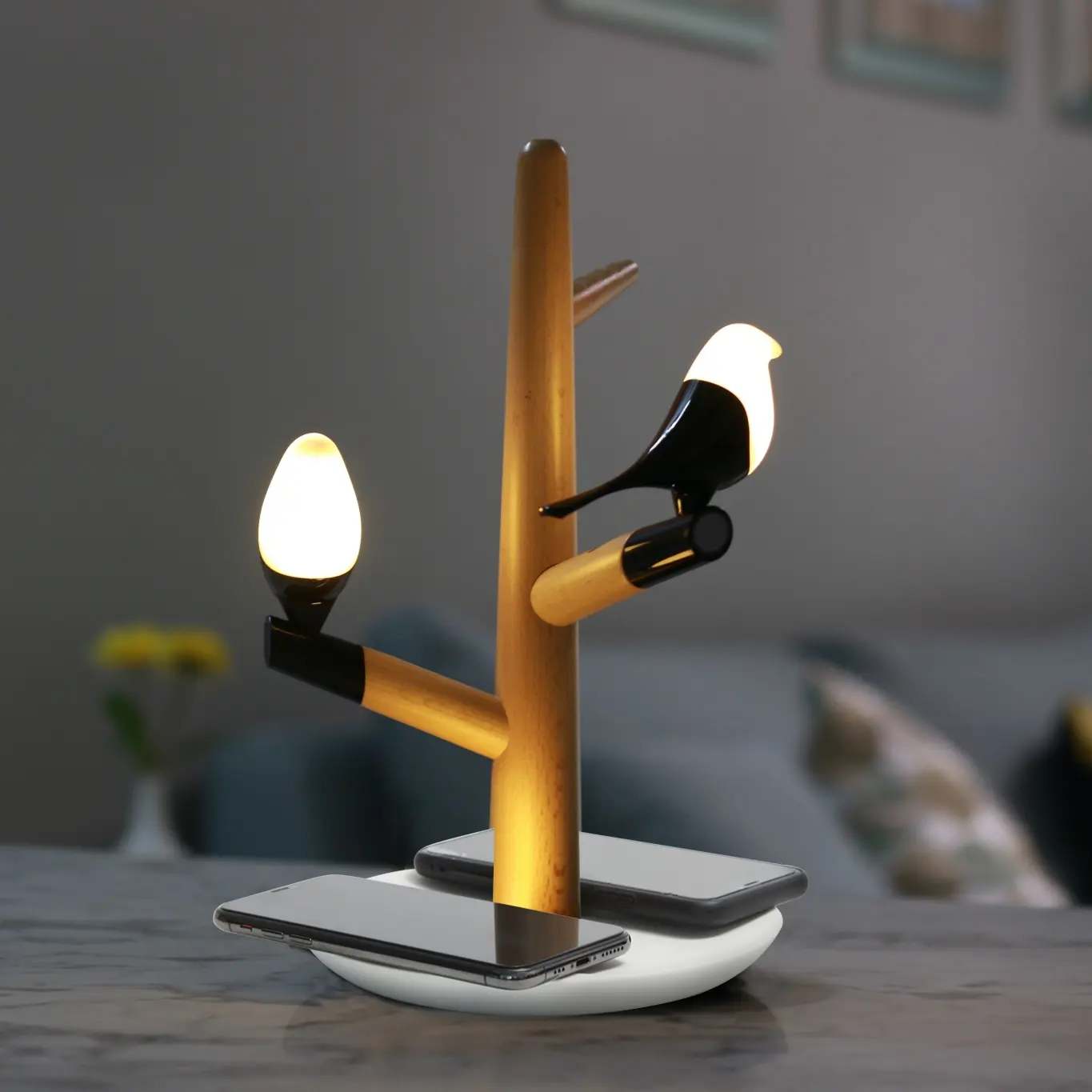 โคมไฟตั้งโต๊ะ Led ชาร์จไร้สาย Qi 10W,ที่ชาร์จคู่โคมไฟตั้งโต๊ะรูปนกไฟกลางคืนสีขาวอบอุ่นสำหรับใช้ในบ้าน
