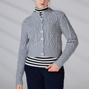 Custom OEM & ODM Women's Sweater 100% Merino Wool <b>Mock</b> <b>Neck</b> Cable Knitwear Knit Cardigan - Product Image 5
