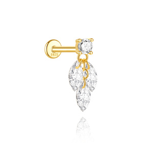 Barre de piercing à dos plat 1.2x6mm simple en argent sterling 925, avec pampille géométrique et zircon, boucle d'oreille à visser, bijou - Product Image 1