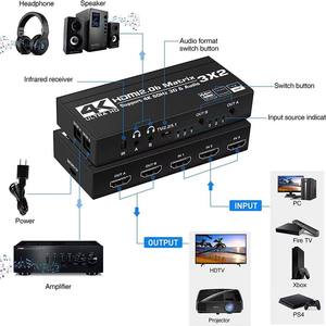 Matrice Switch HDMI 2.0b 3x2 4K60Hz 18.2Gbps HDCP2.2, 3 Ingressi 2 Uscite con Estrattore Audio SPDIF 3.5mm, Telecomando IR e Accessori Completi - Product Image 2