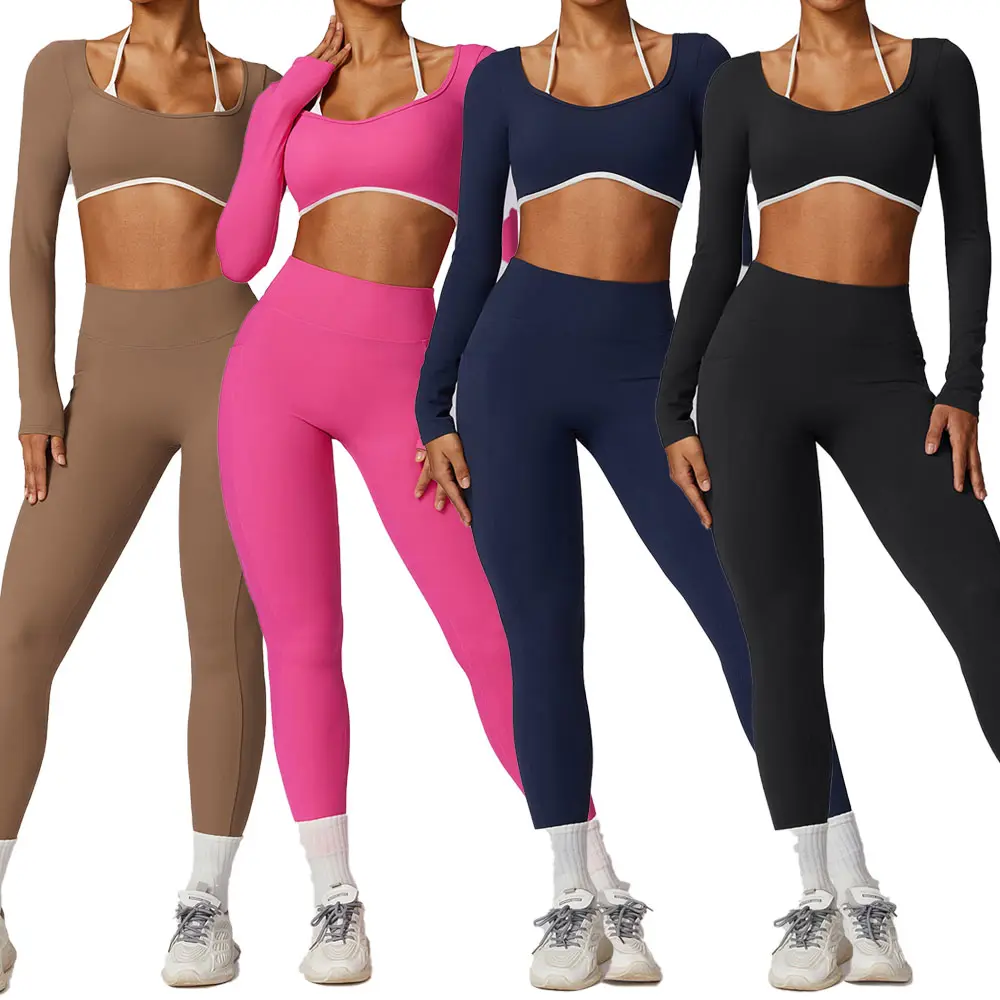 2024 individuelle Damen-Workout-Sets BH für Damen rückenfrei hohe Taille langärmeliges Oberteil Damen-Sportbekleidung Leggins 2-teiliges Yoga-Set