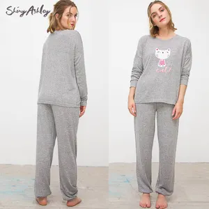 Ashley – pyjama personnalisé en viscose grise, chaton brodé, joli vêtement de maison deux pièces à manches longues, vêtements de nuit pour femmes