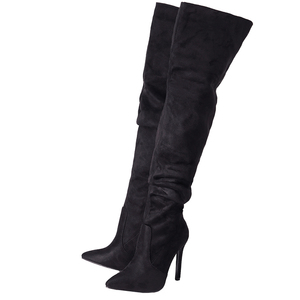 Elastic Knee <b>Boots</b> 2022 Autumn New European and American Pointed Suede High Tube Black Zipper Stiletto High Heel Women's <b>Boots</b> - Product Image 5