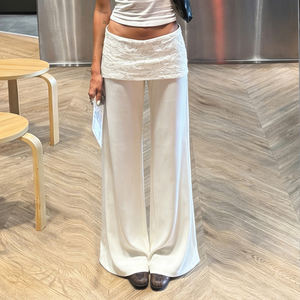 Pantalones de punto sueltos de cintura baja con encaje y patchwork para mujer, de color liso, de pierna ancha, informales, al por mayor - Product Image 2