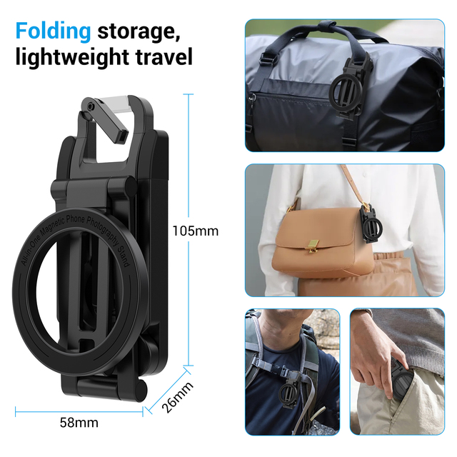 Magnetic Foldable Pocket Phone Stand -Aluminium Smartphone Mini Tripod with Hook, 360° Adjustable Travel Mount & Desk Holder