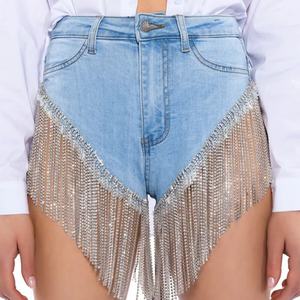 Shorts de Mezclilla de Alta Calidad con Pedrería, Cintura Alta, Lentejuelas y Flecos, para Mujer - Product Image 3