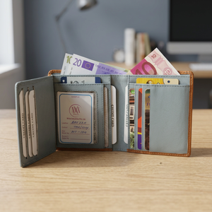 Portefeuille en cuir véritable unisexe, fait main, minimaliste, à fermeture pression, élégant, durable, court, pour usage quotidien, marron avec accent bleu clair - Product Image 2