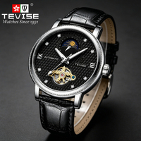Montre mécanique automatique de luxe pour homme TEVISE 612, squelette, phase de lune, étanche, bracelet en cuir, montre de ville et d'affaires