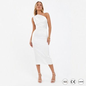 Abito Midi da Donna in Raso Elasticizzato 240GSM, Monospalla Asimmetrico con Arricciature, Stile <span class=keywords><strong>Opera</strong></span> di Sydney, Personalizzabile OEM - Product Image 1