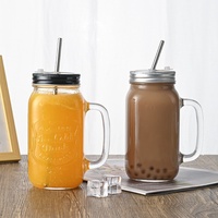 Tasse à eau créative en verre transparent de 500 ml, résistante à la chaleur, avec couvercle et poignée, style Mason, pour thé au lait, jus, café