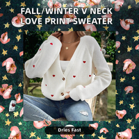Pulls d'hiver pour femmes, mode, broderie personnalisée, motif cœur, style doux, col en V, pull en tricot ample pour femmes