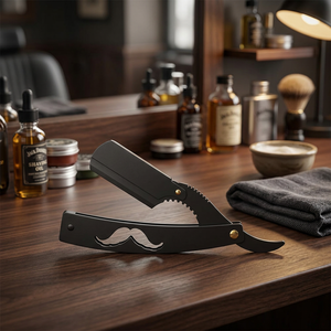 Foldable Straight <b>Razor</b> Handmade Shaving <b>Razor</b> Mustache Cutout Stainless Steel Blade Custom Handle Black Powder Body Face <b>Bikini</b> - Product Image 3