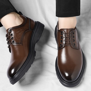 Chaussures Richelieu en cuir pour hommes, bout rond, à lacets, semelle souple en caoutchouc, pour mariage, couleur unie, automne, tenue de ville formelle - Product Image 3