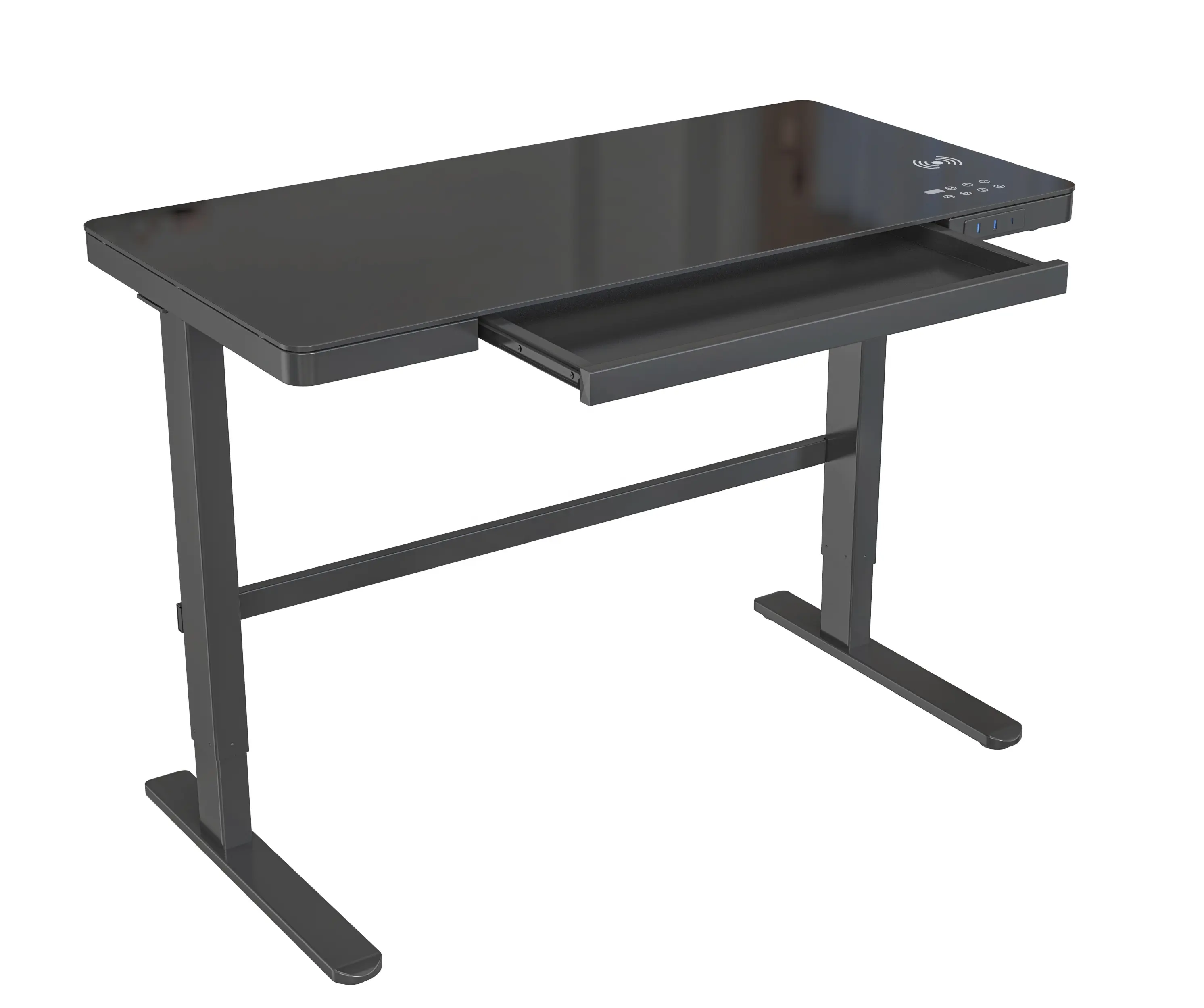 High quality office desk wireless charge function standing desk height adjustable desk with drawer and tempered glass desktop