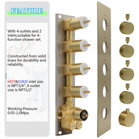Vanne de douche thermostatique contemporaine à 4 voies en laiton poli or brossé Inverseur de douche à 4 sorties Mélange de céramique Pluie dissimulée