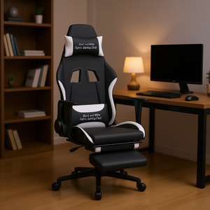 Silla de Juego de Tela Blanca y Negra con Reposapiés, Silla de Oficina Reclinable, Diseño Contemporáneo, Base de Acero, Asiento Giratorio - Product Image 2