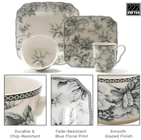 Service de table en céramique gris vintage à motif floral et oiseaux, 16 pièces, assiettes carrées, bols, mugs, pour 4 personnes, mariage champêtre, hôtel, restaurant