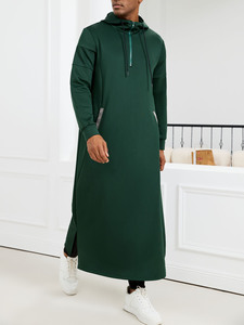 Op maat gemaakte winter Khamis lange Kamis islamitische sport hoodie voor mannen van polyester, bescheiden ronde hals, met zakken voor Ramadan - Product Image 2