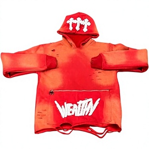 Sudadera con Capucha Corta Tie-Dye para Hombre, Estilo Urbano Oversize, Algodón Rojo, Felpa Francesa, Diseño con Bolsillos, Estilo Otoñal - Product Image 1