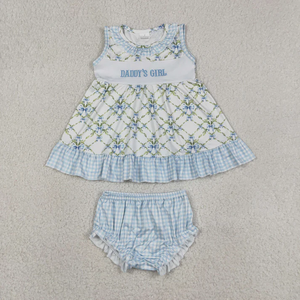 Ropa de Bebé Recién Nacido con Bordado GBO0512, Conjunto de Pantalones Cortos para Niña con Flores Azules, Diseño de Niña de Papá - Product Image 1