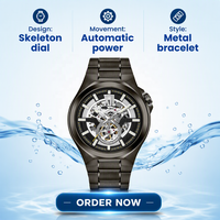Montre squelette automatique analogique à 3 aiguilles pour homme, classique, en acier inoxydable plaqué ions noirs, résistante à l'eau, avec réserve de marche